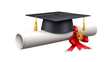 Celebrating Academic Achievement Graduation Cap and Diploma with Red Ribbon and Gold Tassel, transparent background