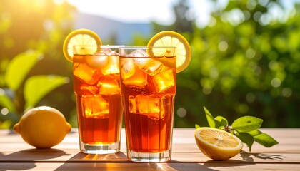 Refreshing iced tea with lemon slices on a sunny wooden table outdoor