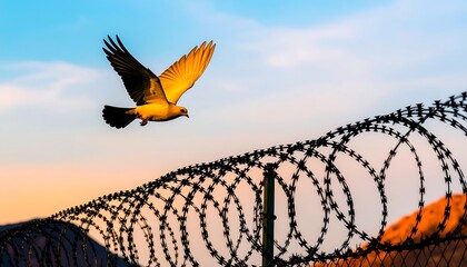 Bird flying over barbed wire fence