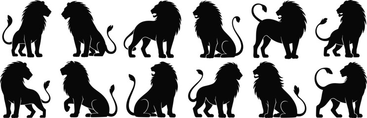 Lion silhouette vector set, wild animal poses collection, majestic lion shapes, walking, sitting, standing, African wildlife, big cat illustration, editable © Shafik Creatives