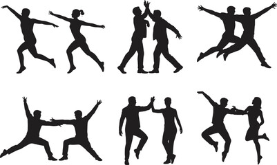 Silhouettes of dancing couples in various poses, partner dance movements, ballroom and Latin styles, black vector illustration on white background, isolated