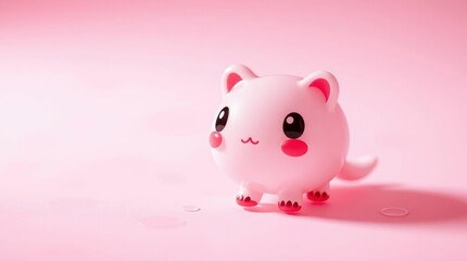 A cute pink cartoon cat figurine stands on a pink surface casting a shadow
