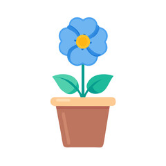 Blue flower in a brown pot with leaves illustration on black backdrop