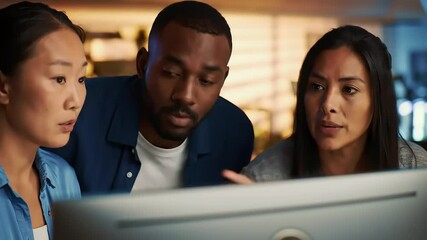 Diverse group of colleagues collaborating on computer screen in modern office setting - Powered by Adobe