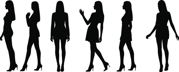 Silhouettes of women standing and posing in high heels, side and front views, elegant female figures, fashion model vector icons