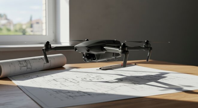 A gray drone hovers above an architects desk littered with blueprints and a pencil bathed in sunlight