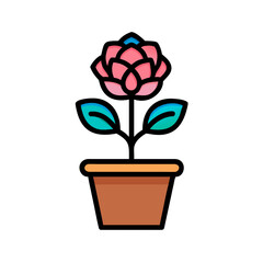 Stylized vector illustration of a pink flower in a pot on black background