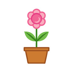 Stylized pink flower in a brown pot with green leaves on a black background