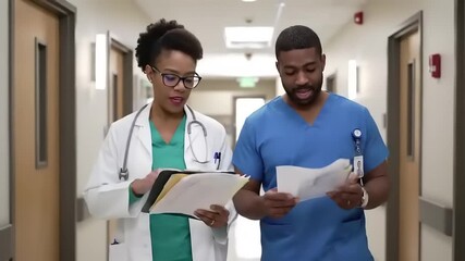 Doctors reviewing charts with hospital hallway. - Powered by Adobe