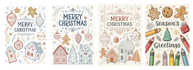 A festive collection of Christmas cards featuring whimsical holiday designs and cheerful greetings.