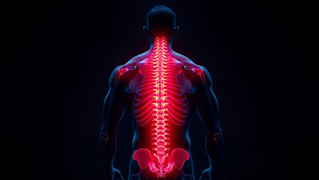Rear view of a man with glowing red spine and shoulders against a dark background in medical illustration - Powered by Adobe