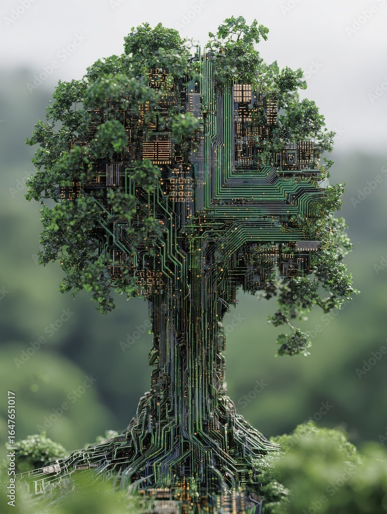 Poster artificial intelligence tree with circuit board connections symbolizing technology and innovation in