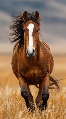 Obraz premium Brown horse runs through golden grassland under a dramatic sky in the late afternoon light