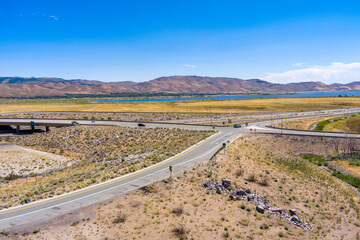 Aerial view of traffic at the Intersection of I-580 and Highway US 395 and Washoe Lake State Park in Washoe Valley  located between Reno and Carson City Nevada.