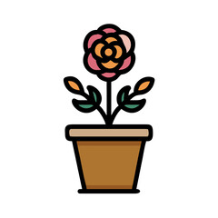 Isolated flat vector illustration of rose flower in pot on black background