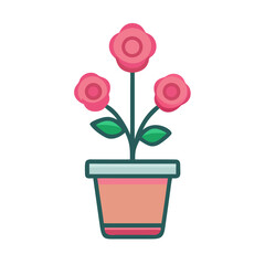 Three pink flowers in a pot with green leaves and stems against black