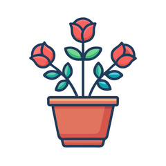 Stylized potted rose plant icon on black background for design projects.