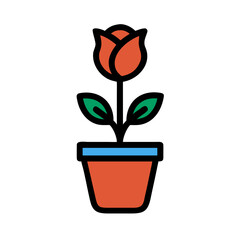 Minimalist flat design rose in pot on black background, vibrant color palette.