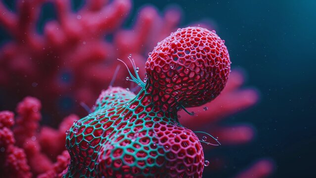 Bionic Coral - Close-Up of Futuristic Biomorphic Structure with Water Droplets, Aligned with Eco-Technology and Environmental Science
