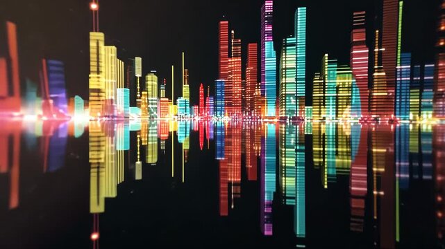 Vibrant colorful digital soundwave visualization with cityscape reflections