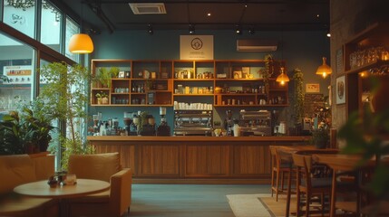 Modern Coffee Shop Interior with Wooden Bar and Warm Lighting