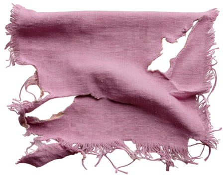 Torn pink cotton fabric scrap frayed edges textured material isolated on white sewing supply damaged textile soft cloth creative craft worn appearance square shape