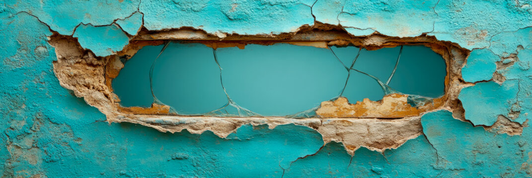 Close-up of distressed turquoise wall with rectangular opening revealing deep blue background and shards of broken glass, showcasing weathered textures and decaying layers
