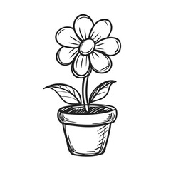 Hand-drawn flower in pot with doodle style against black background for graphic design