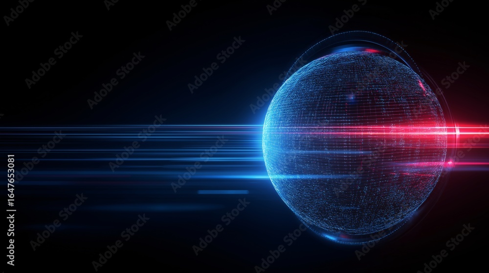 Poster digital globe with rotating firewall rings emits blue and red light trails, symbolizing cybersecurit