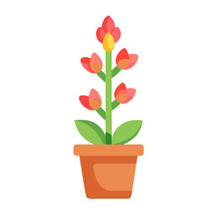 Stylized plant in pot with red flowers and green leaves on black background