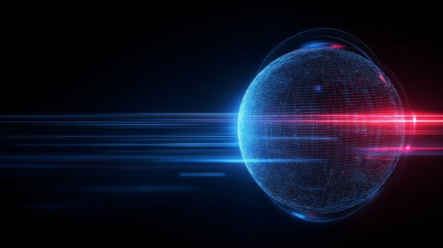 Digital globe with rotating firewall rings emits blue and red light trails, symbolizing cybersecurity and data protection in futuristic style