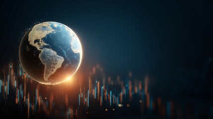 Glowing Earth floats above digital graphs, symbolizing global economy and technology. image conveys futuristic and interconnected world, highlighting data and innovation