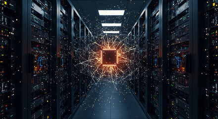 Data center with servers and a glowing central processor unit with network connections.