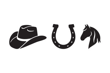 Western icons cowboy hat horseshoe horse head silhouette