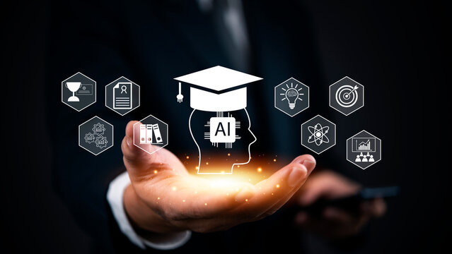 AI in education and innovation. person holding glowing AI icons learning, research, success, and technology. artificial intelligence, digital learning, technology or education online network.