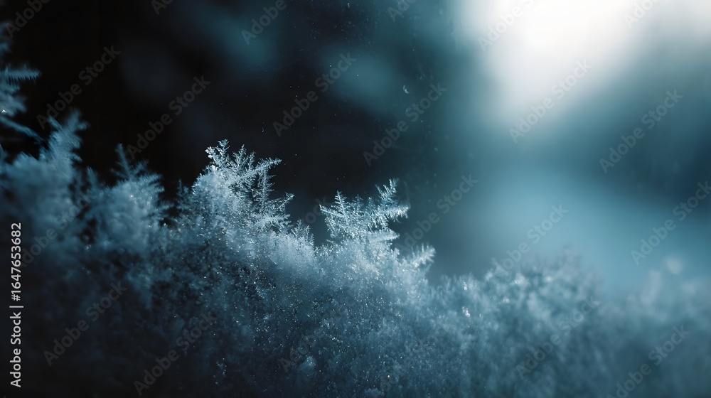Poster intricate frost patterns on a window illuminated by soft morning light