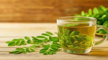 Transparent glass cup filled with moringa tea sits on wooden surface, surrounded by fresh moringa leaves, creating natural and refreshing scene
