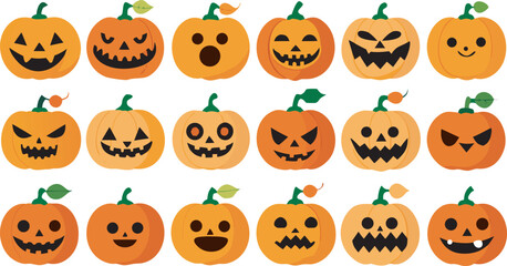 Collection of Halloween Pumpkins with Different Facial Expressions for Spooky Season