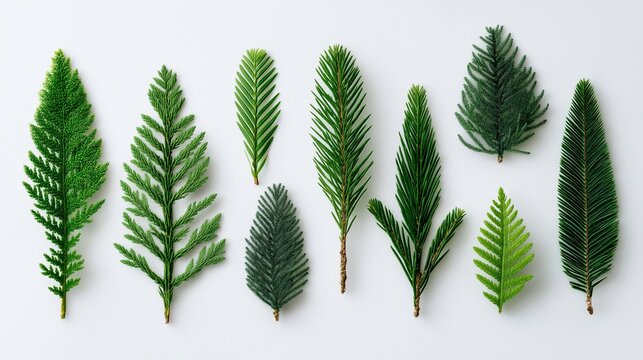 Collection of various green coniferous leaves arranged flat lay white background, showcasing different textures and shapes. monochromatic nature study highlights diversity of evergreen foliage