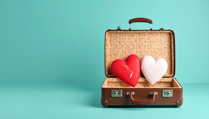 Two heart-shaped tokens—red and white—rest inside an open suitcase on turquoise ground