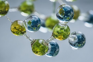 Close-up of a molecular structure model.  Colored spheres connected by transparent rods