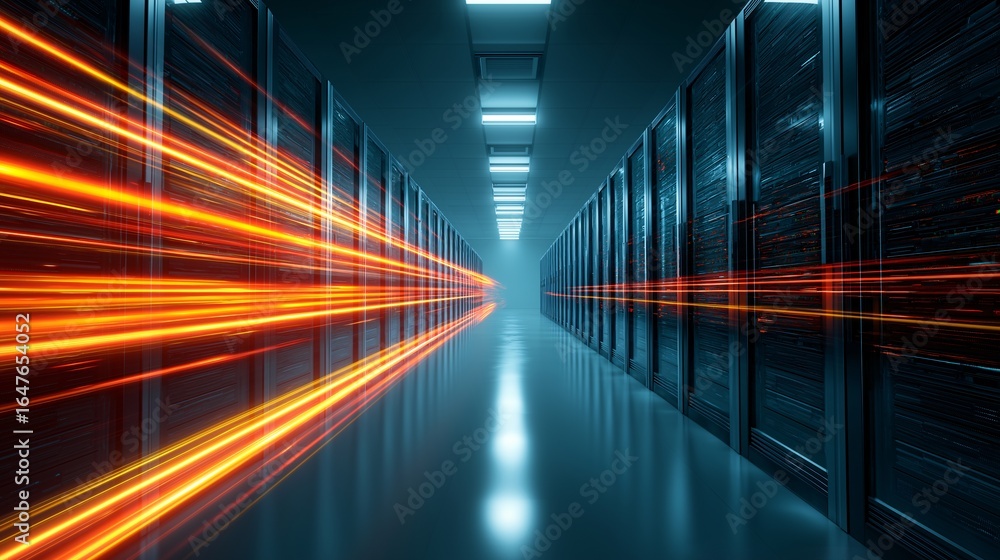 Poster futuristic data center hallway with server racks and dynamic streaming light lines creates sense of 