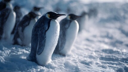 Fototapeta premium Penguins standing together on the icy tundra