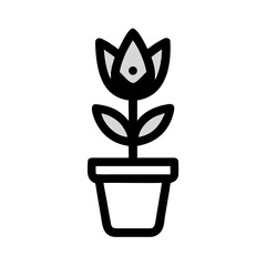 Minimalist graphic icon depicting a stylized flower on a black background