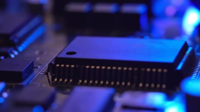 Macro shot of a futuristic blue circuit board with microchips and semiconductors detail