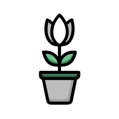 Minimalist flat design of a potted plant with leaves on black background