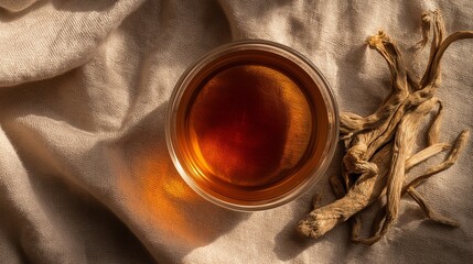 Clear glass cup of Dong Quai tea sits on textured fabric, with dried Dong Quai roots beside it, creating warm and inviting atmosphere