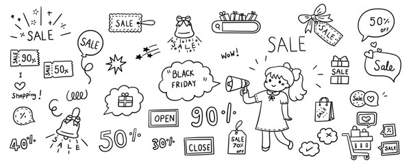 Hand drawn marketing and sales promotion element line doodle concept set. Illustration vector design.