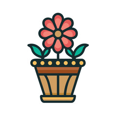 Stylized Flower in a Pot: Flat Vector Graphic with Dark Outlines on Black