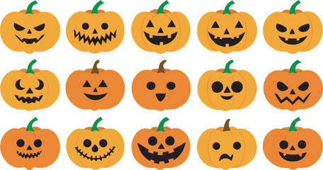 Collection of Halloween Pumpkins with Spooky and Funny Faces Isolated